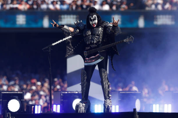 MELBOURNE, AUSTRALIA - SEPTEMBER 30: Gene Simmons of Kiss performs during the 2023 AFL Grand Final match between Collingwood Magpies and Brisbane Lions at Melbourne Cricket Ground, on September 30, 2023, in Melbourne, Australia.