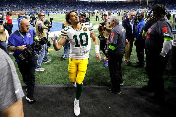 DETROIT, MICHIGAN - NOVEMBER 23: Jordan Love #10 of the Green Bay Packers runs off the field after defeating the Detroit Lions at Ford Field on November 23, 2023 in Detroit, Michigan. (Photo by Mike Mulholland/Getty Images)