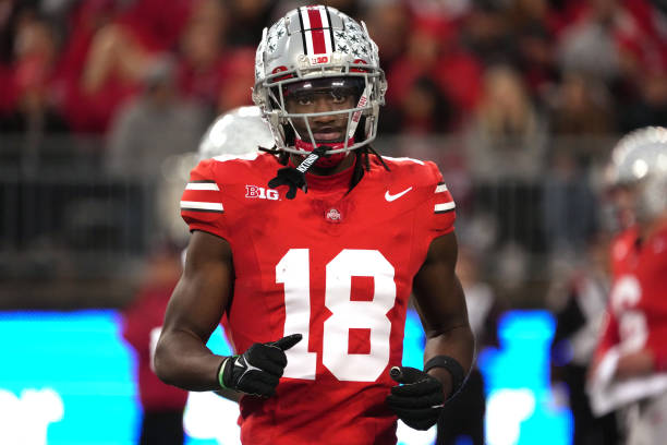 COLUMBUS, OHIO - NOVEMBER 18: Wide receiver Marvin Harrison Jr. #18 of the Ohio State Buckeyes during the game against the Minnesota Golden Gophers at Ohio Stadium on November 18, 2023 in Columbus, Ohio. 