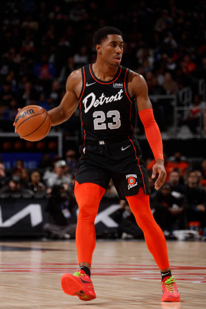DETROIT, MI - DECEMBER 26: Jaden Ivey #23 of the Detroit Pistons handles the ball during the game against the Brooklyn Nets on December 26, 2023 at Little Caesars Arena in Detroit, Michigan. (Photo by Brian Sevald/NBAE via Getty Images)