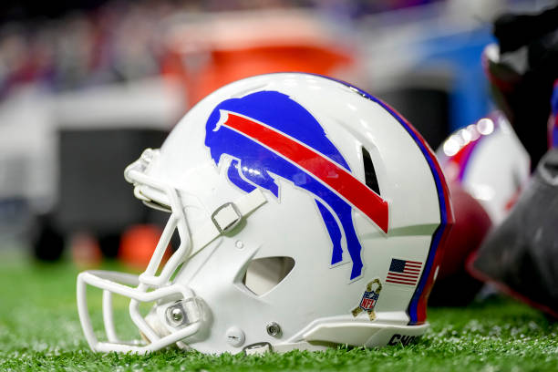 DETROIT, MICHIGAN - NOVEMBER 20: A Buffalo Bills helmet is pictured during the game against the Cleveland Browns at Ford Field on November 20, 2022 in Detroit, Michigan. (Photo by Nic Antaya/Getty Images)