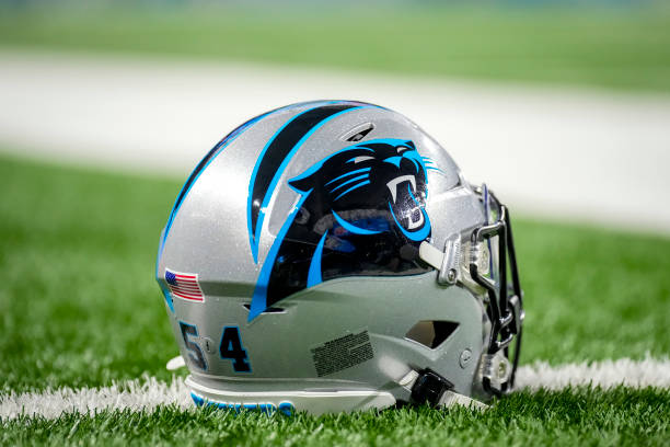 DETROIT, MICHIGAN - OCTOBER 08: The Carolina Panthers logo is pictured on a football helmet before the game against the Detroit Lions at Ford Field on October 08, 2023 in Detroit, Michigan. (Photo by Nic Antaya/Getty Images)