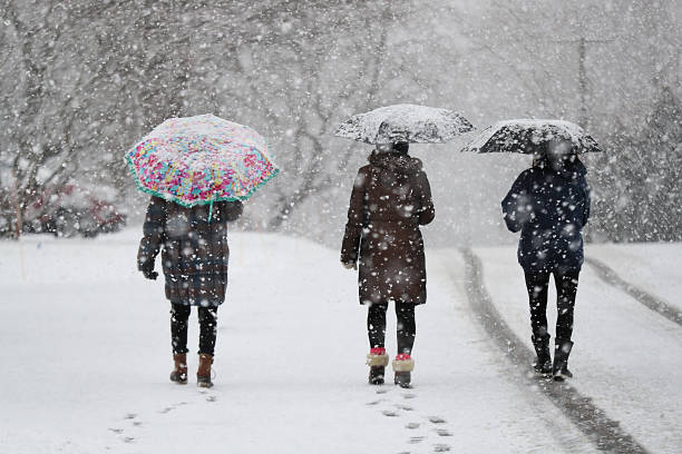 Bellingham, MA - February 13: Morning walkers disappear into the big fat snowflakes in the snow storm. (Photo by Suzanne Kreiter/The Boston Globe via Getty Images)