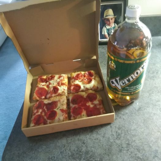 Pizza from buddys and a 2 litter of Vernors